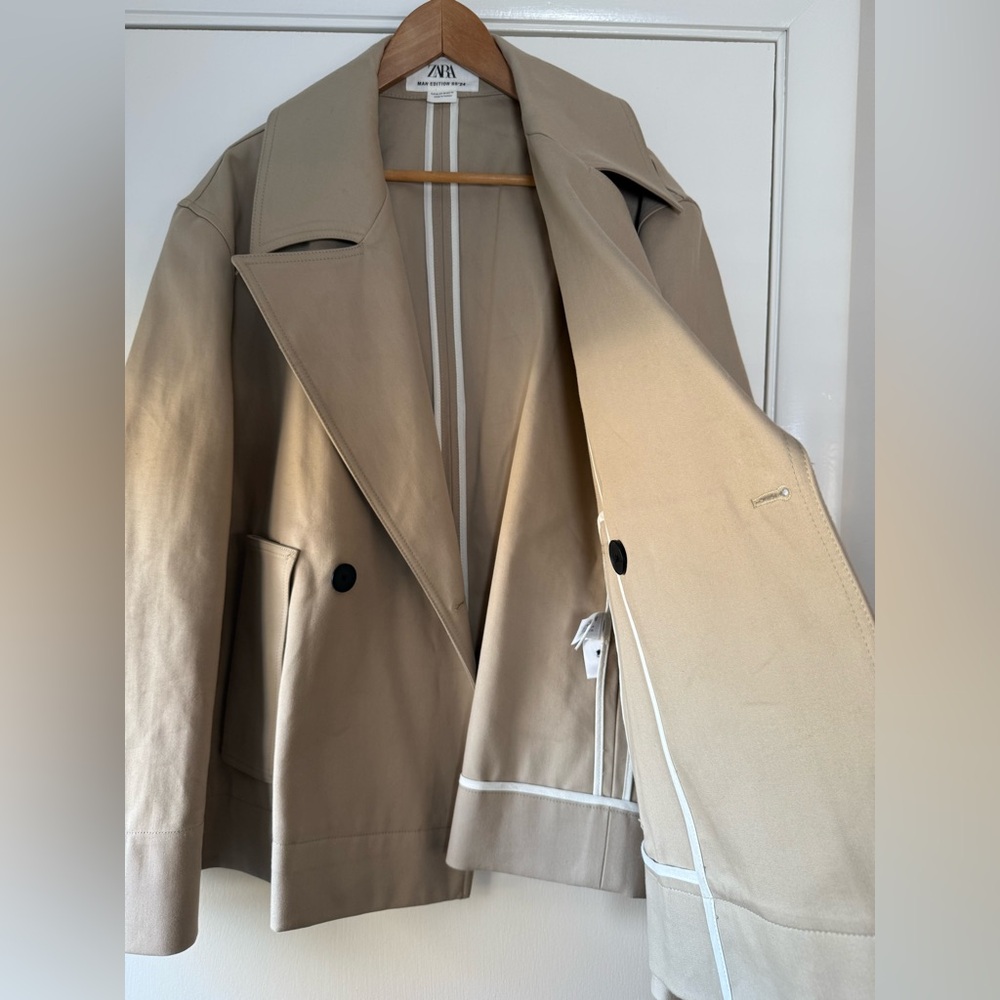 Zara Man Edition Short Trench Coat Jacket 100% Cotton Khaki Tan Medium - Picture 9 of 11